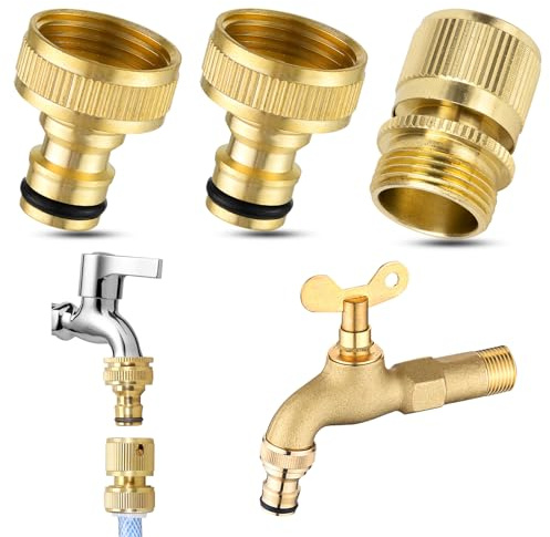 Jaczora 3PCS Outside Tap Hose Connector,3/4 inch & 1/2 inch 2-in-1 Female Threaded Tap Connector,2in 1 Metal Faucet Adapter for Kitchen Garden