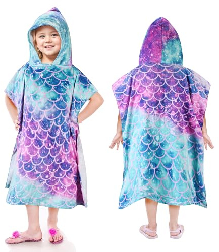 Kato Tirrinia Kids Towel Poncho Changing Robe, Microfibre Hooded Towels for 2-7 Years Girls Gift, 24 by 52-inch, 100% Cotton Multicolor, Mermaid