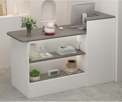 Taifuan Banco Reception Banco Reception Curvo Alto Ufficio, Banconi Reception Forma L Estetica, Bancone Cassa per Negozio Angolare con Cassetto e Armadio(Gris/Derecho,140x100x45cm)