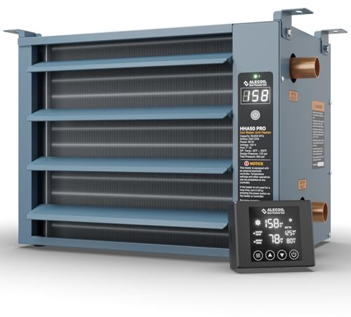 Hydronic Hot Water Hanging Unit Heater with Remote Temperature Control 50,000 BTU Water to Air Heat Exchanger with Fan for Outdoor Wood Furnaces, Garage and Warehouse Heating, HHA50-Pro, Blue