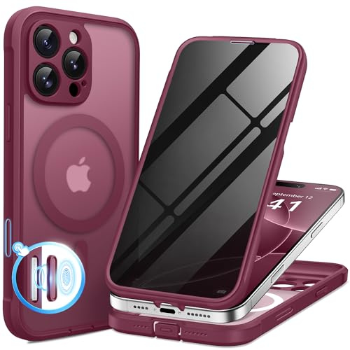 BERFY for iPhone 16 Pro Max Case, Compatible with MagSafe, Built-in Privacy Screen Protector, Camera Protection, Shockproof Full Body Phone Case 6.9, Translucent Dark Red