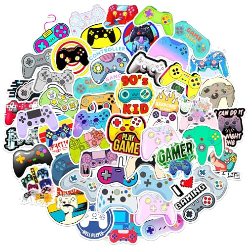 50 Pcs Gamer Controller Stickers Pack – Waterproof Glossy PVC Vinyl, Video Game Decals for Water Bottles, Laptops, Skateboards & More – Retro/Pixel/“Game Over/Level Up” Designs for Kids, Teens, Adults