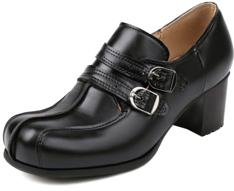 Gicoiz Tacco Medio a Blocco Loafer Donna Punta Rotonda Lavoro Scarpe Senza Chiusura Comodo Ufficio Formal Pumps Chunky Chiuse Davanti Nero Numero 35 EU