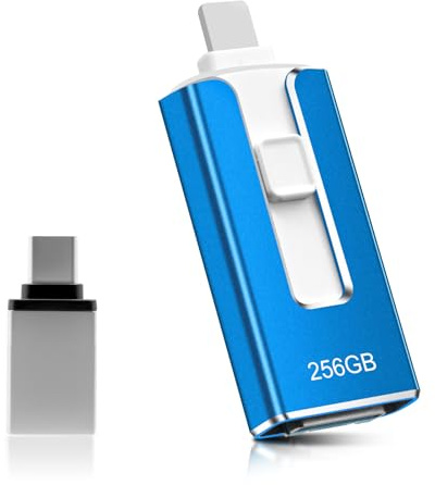 Clé USB 256 Go pour téléphone, clé USB 4 en 1 pour iPhone/iPad/Android/PC, clé USB 3.0 Haute Vitesse, Transfert Rapide, Sauvegarde de Photos et vidéos, Bleue