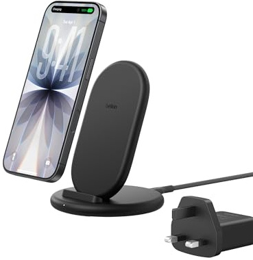 Belkin BoostCharge Wireless Charging Stand, Phone Case Compatible, Wireless Charger for Apple iPhone, Samsung Galaxy, Google Pixel and more, 20W Power Supply and Cable Included - Black