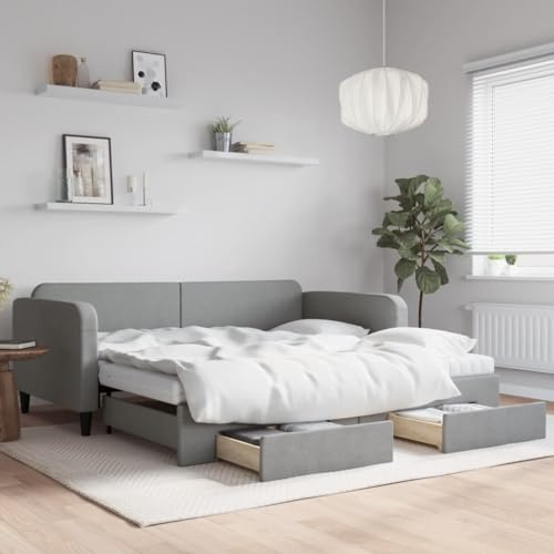 Bucmath Utdragbar dagsäng, med lådor, ljusgrått tyg 100 x 200 cm, 2 skummadrasser, robust bäddsoffa för gästrum, mångsidig möbel