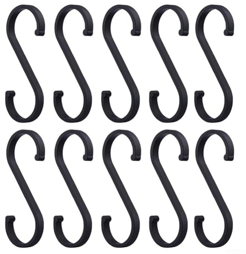 Ganchos en forma de S de aluminio, paquete de 10, ganchos negros mate de 8,8 cm para colgar tazas de café, utensilios de parrilla, plantas y organización de cocina (negro)