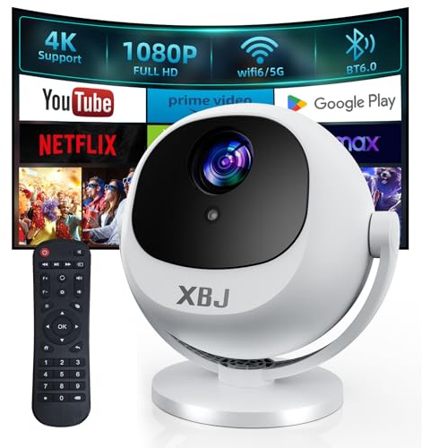 XBJ Mini Projector with WiFi 6 and Bluetooth 6.0, 1080P Full HD 4K Supported Portable Projector, Auto Keystone Movie Projector, 360° Rotatable Video Projectors for Home Bedroom Outdoor