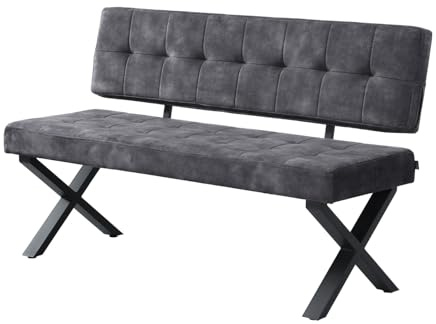 B&D home Sitzbank Karen 140cm – gepolsterte Esszimmerbank mit Rückenlehne, X-Metallgestell schwarz, Webstoff/Microfaser in Anthrazit, modern Industrial Design für Esszimmer, Küche & Flur