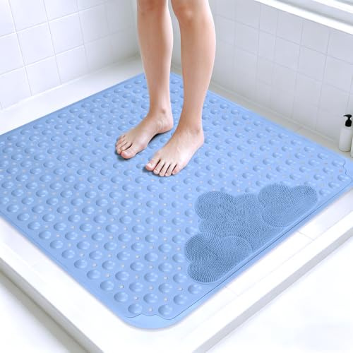 Duschmatte rutschfest 80x80 cm,TPE Massage Duschmatte, Dicke Antirutschmatte Dusche mit Saugnäpfen, Große rutschfeste Duscheinlage, Badewannenmatte BPA frei Fußreiniger (Blau, 80x80 cm (Quadratisch))