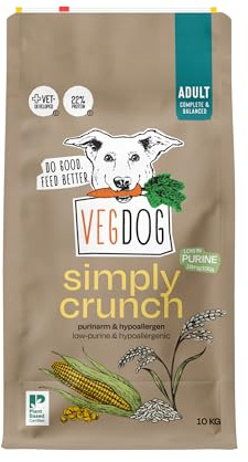 VEGDOG Simply Crunch - Cibo secco ipoallergenico (10 kg), per cani adulti, senza glutine e soia, ben tollerato, a basso contenuto di purina; alimento completo per chi soffre di allergie con proteine