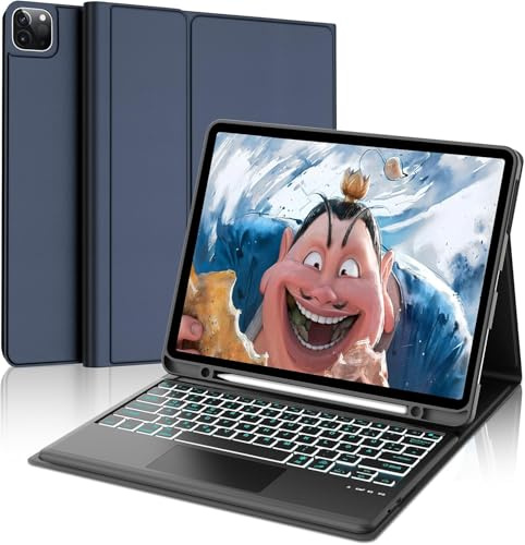 FOGARI Funda con teclado para iPad Pro 12.9 (6/5/4/3 Gen), 7 colores de iluminación, trackpad multitáctil, teclado QWERTZ alemán magnético desmontable Bluetooth para iPad de 12,9 pulgadas, azul oscuro