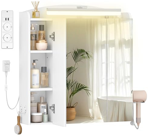 Hzuaneri Specchio Bagno Contenitore, Mobiletto a Specchio con LED e Presa Multipla 2AC+2USB, Porta Asciugacapelli e Ganci, Interruttore e Spina, Ripiani Regolabili, 16,5x70x75cm, Bianco MC00603XEU