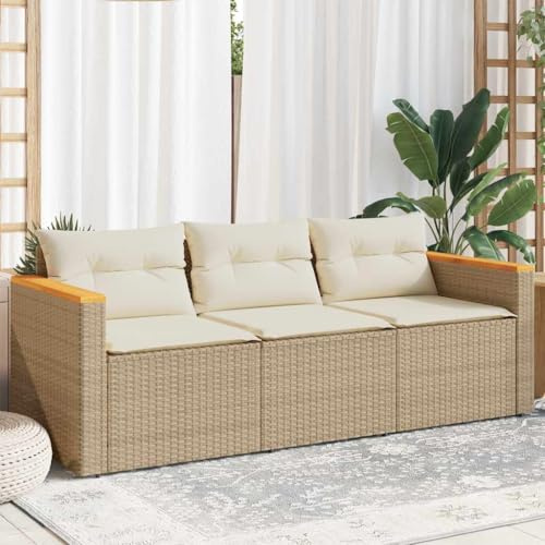 GeenYuu Gartensofa 3-Sitzer Beige mit Kissen Poly Rattan wetterfest pulverbeschichteter Stahl UV-beständig für Balkon Terrasse Garten Lounge entspannen Sitzgruppe