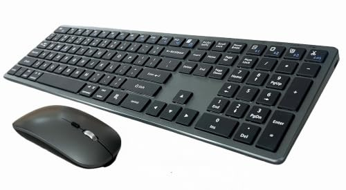 EMR K869 Full Size Rechargeable Wireless Bluetooth Keyboard Mouse, Multi-Device Slim Multimedia Wireless Keyboard and Mouse Set for Windows, Mac OS, Laptop, PC, Tablet, iPad, QWERTY (Black/Grey)
