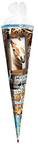 ROTH Schultüte groß Pferd 85 cm - 6-eckig Rot(h)-Spitze Tüllverschluss - Zuckertüte Haflinger Schulanfang