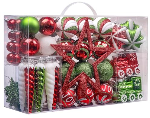 Valery Madelyn Weihnachtskugeln 100 TLG 3-20cm Kunststoff Christbaumkugeln zur Weihnachtsdekoration mit Weihnachtsbaumspitze und Aufhänger Klassische Serie Thema Rot Grün Weiß MEHRWEG Verpackung