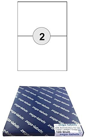200 Etiketten 210 x 148 mm WIEDER ABLÖSBAR auf DIN A4 Bögen (1x2 Etiketten DIN A5) - 100 Blatt Pack - Universell für Laser/Inkjet/Kopierer/Farblaser einsetzbar - 210x148 2-teilig