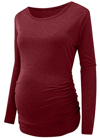 DAY8 Vêtement Femme Enceinte Hiver Pas Cher a la Mode Chemise Femme Enceinte Atuomne Haut Femme Enceinte Manche Longue Printemps Maternité T Shirt Grossesse Tunique Tops Blouse Solide (L, Rouge)