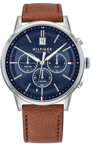 Tommy Hilfiger Herren Multifunktions-Quarzuhr mit 44 mm - Marineblaues Zifferblatt, Heller Braun Lederarmband, 3 Unterzifferblätter, Wasserfest bis 5ATM - 1791629