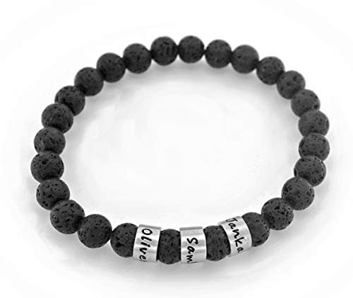 Timbalino Perlenarmband mit Namen aus Lavastein für Herren mit personalisierbaren Silber Ring Anhängern