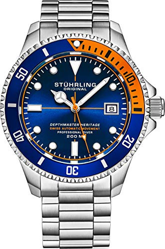 Stuhrling Orologio da sub da uomo in acciaio inossidabile resistente all'acqua fino a 200 metri, movimento automatico svizzero con chiusura di sicurezza e corona a vite