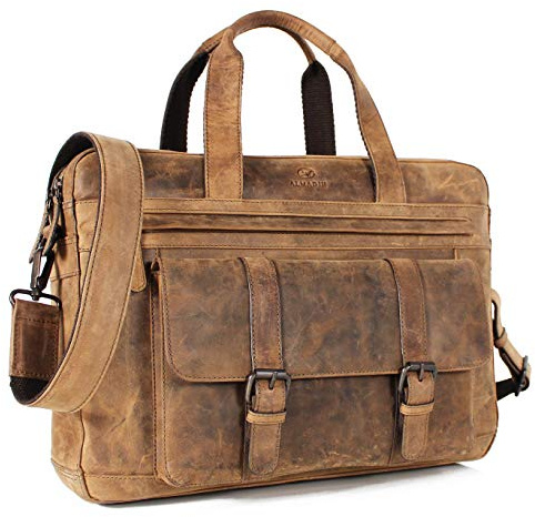 ALMADIH XL Leder Businesstasche Herren 17 Zoll Laptoptasche Braun Vinatge - Leder Aktentasche JAN Ledertasche Umhängetasche Unitasche Damen Arbeitstasche Dokumenten Schultertasche