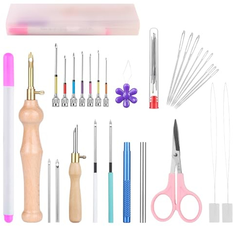 30 Stück Stickerei Starter kit, Stickgarnituren Verstellbare Garnstanznadel Punch Needle, Stickstift aus Holzgriff, Nadelfädler, für Handwerk Stitching Applique-Verzierungen Anfänger