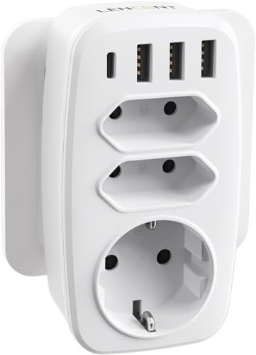 LENCENT USB Steckdose Steckdosenadapter 7-in-1 Mehrfach Stecker, 3 Fach Multistecker Doppel Euro und 1 Schuko Steckdose 4000W, Mehrfachsteckdose mit 3 USB-A & Typ-C für Smartphone, Laptop