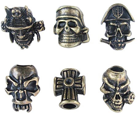 Totenkopf Perlen für EDC Outdoor Lanyards,Messer/Taschenlampe/Paracord/DIY Schmuck Charms Zubehör,Packung mit 6 (Bronze-)
