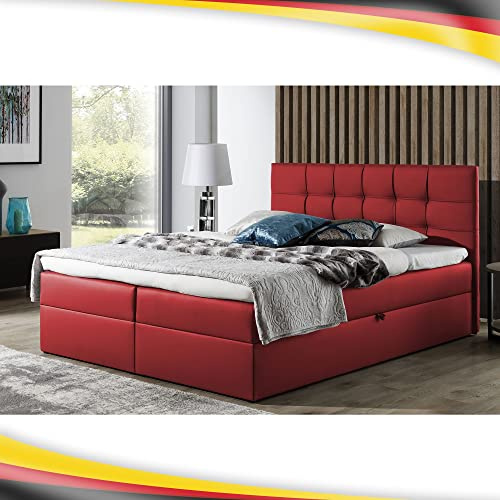 FURNISTAR Boxspringbett Doppelbett Leo - Bett mit Bonellmatratze, mit Bettkasten für Bettwäsche und Topper. Widerstandsfähiger und angenehm zu berührender Kunstleder mit Bettkasten (Rot, 140x200)