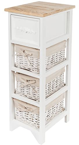 Spetebo Vintage Holz Kommode weiß mit 3 Rattan Körben - 62 x 32 cm - Standregal mit Schublade im Landhaus Stil - Badezimmer Wohnzimmer Regal