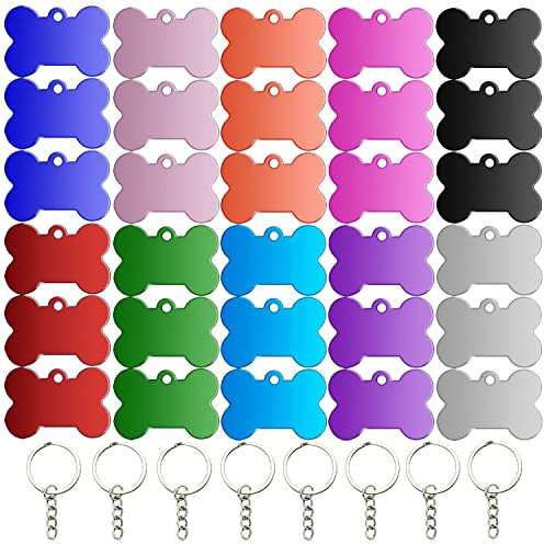 Hundemarke Knochen Hundemarken aus Aluminium 30Stk Erkennungsmarke Rohling 2,5 x 3,8cm Adressanhänger hund Wasserdicht mit 30 Hundemarke Kette für DIY Hunde und Katzen Haustier-Erkennungsmarke