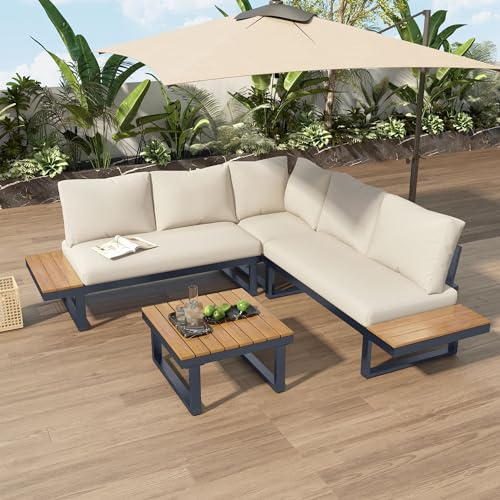 Merax - Juego de muebles de jardín para 4 personas, conjunto de lounge al aire libre con mesa de centro, estructura de metal, tumbona con respaldo ajustable, para jardín, balcón y terraza, con cojines