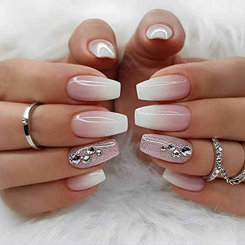 Ceboic 24 Pièces Carrés Faux Ongles Court, Rose Brillant French Ongles à Presser Strass Paillettes Acrylique Ongles, Glossy Artificiels Ongles à Coller pour Femmes et Filles