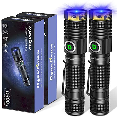 DARKDAWN UV 365nm Luz Linterna USB Recargable, Ultravioleta LED Luz Negra Lámpara de Wood Portátil, Fluorescente Mini Detector de Orina de Mascotas Manchas, Uranio Vidrio, Curado de Resina, 2 Paquete