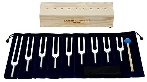 DRELD 9 PCS Solfeggio Stimmgabel Set Chakra Stimmgabeln mit Holzrahmen Tasche Hammer für Heilung Klangtherapie Ausgleich Vibration (174HZ 285HZ 396HZ 417HZ 528HZ 639HZ 741HZ 852HZ 963HZ) Silber