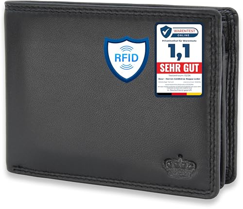 Baur portafoglio da uomo – vera pelle con protezione RFID – portafoglio grande nappa orizzontale con 9 scomparti carte e scomparto monete (Formato orizzontale grande con bottone interno, Nero)