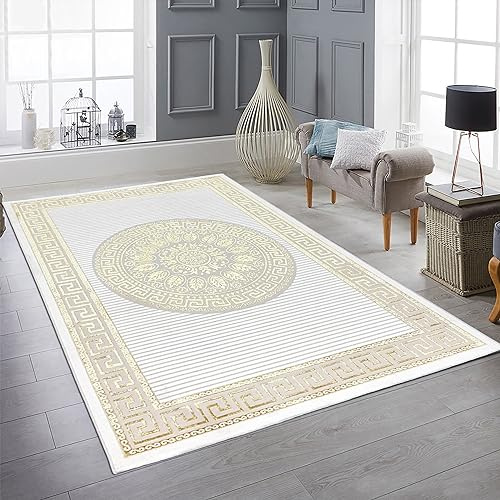 Teppich-Traum Teppich Wohnzimmer Schlafzimmer groß XXL Kurzflor orientalisch elegant edel Ornamente Glanzeffekt Mäander Creme Gold 240 x 340 cm