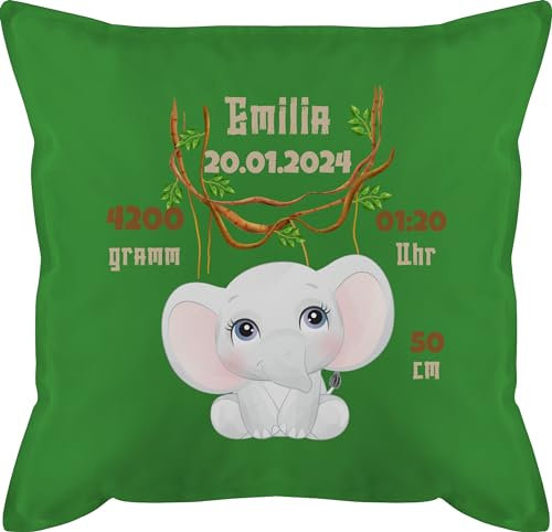 Kissen 50x50 - Geburtsgeschenk Elefant Datum Gewicht Uhrzeit Größe I Geschenk zur Geburt - 50 x 50 cm - Grün - personalisiertes geburtskissen personalisierte Baby Elefanten männerkissen Junge