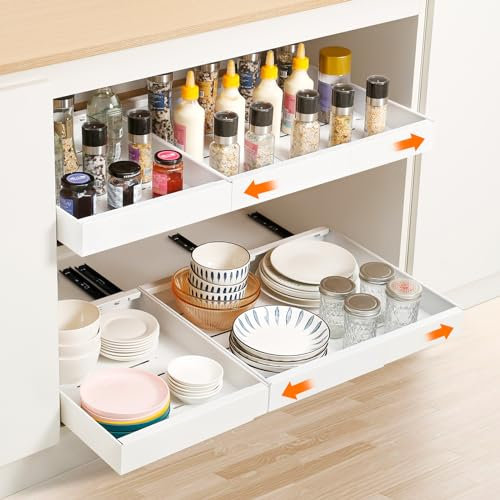 Teleskopschublade,Dehnbar Ausziehbarer Schrank Organizer, Kohlenstoffstahl Ausziehbare Schubladen Aufbewahrungsregale,Sanft Verschiebbar Korbauszug Küchenschrank (Weiß, Expandierbare Breite 43-68cm)