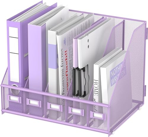 SUPTIDY Metallischer Schreibtisch Organizer mit 5 vertikalen Fächern (41.5 * 30.51 * 31.5 cm), Magazin Ständer für Büro, Homeoffice und Arbeitsplatzr, Lila