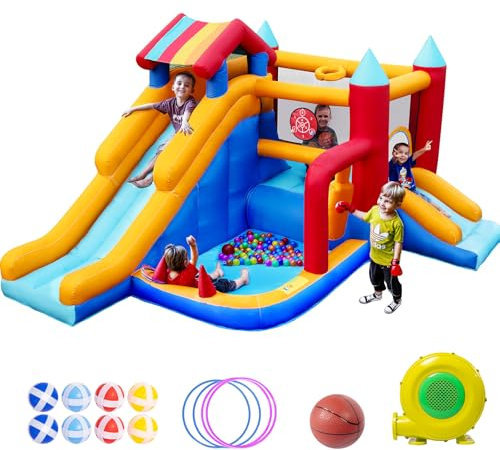 Hüpfburg für Kinder, FOOING 9 in 1 Aufblasbares Hüpfhaus mit Luftgebläse, Kindertrampolin, Rutsche, Basketballkorb, Hüpfpolster, Draußen Innen Aufblasbares Haus für Geburtstagsfeier