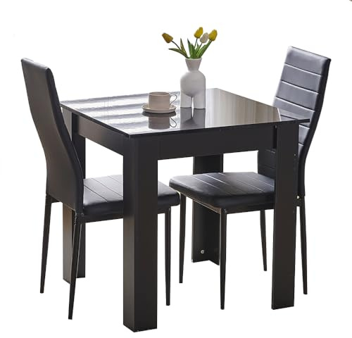 Rainbow Tree Modern 3 Piece Dining Room Table and Chairs Set, Wooden Square Table with 2 Chairs for Small Space Apartment Space Saving (Black Table+2 Black PU Chair)
