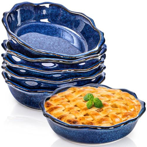 Peohud 6 Pack Ceramic Mini Pie Pans, 6 Inch Small Blue Pie Plate, 12 Oz Individual Pie Dish, Round Pot Pie Baking Dishes with Ruffled Edge for Dessert, Apple Pie, Microwave, Oven Safe