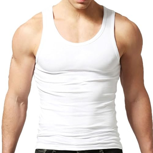 Men's Tank Tops Cotton Vest Gym Workout Bodybuilding Fitness Tee Sleeveless Muscle Shirts White M