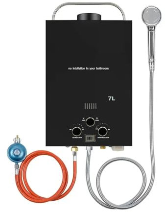 OutFyt Chauffe-Eau, Chauffe-Eau Portable 7L Propane, Chauffe-Eau D'extérieur sans Réservoir À Gaz, Protections Multiples for Camping-Car, Cabine, Grange, Camping éConomisez De L'éNergie Et du Temps
