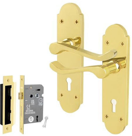 EAI Polished Brass Door Handles with Sash Lock 64mm - Victorian Scroll | Complete Sash Lock Kit with 1 Pair of Victorian Scroll Lever on Backplate Door Handles, 64mm Sash Lock, Fixings Included