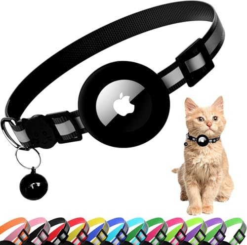 Airtag Katzenhalsband, reflektierendes Kätzchenhalsband mit Apple Air-Tag-Halter und Glocke für Mädchen, Jungen, Katzen, 1,1 cm breit und leicht, Schwarz