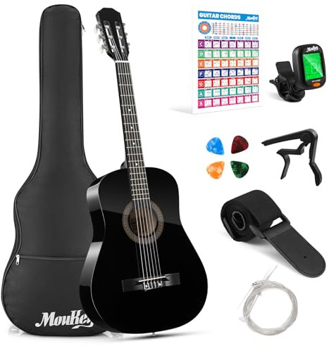Moukey 38 Acoustic Guitar for Beginners Kids Youth Adult Dreadnought Guitarra Acustica Kit with Chord Poster, Gig Bag, Tuner, Picks, Nylon Strings, Capo, Strap - Black